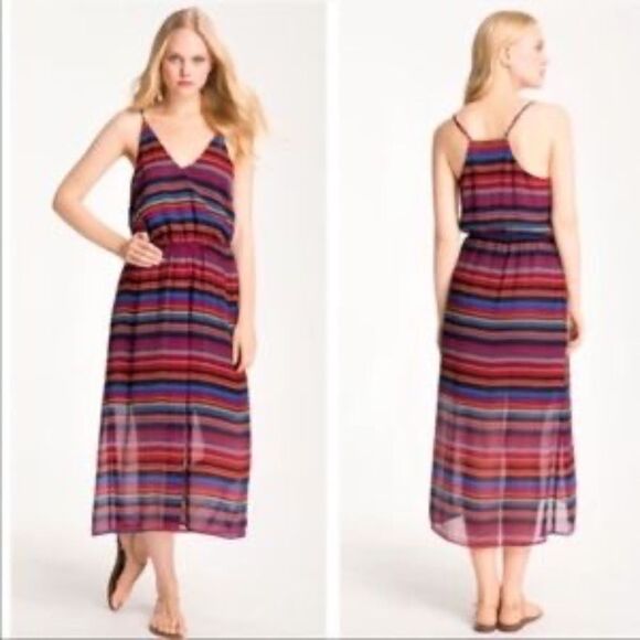 Joie Silk Striped Gathered Waist Chiffon Dress Sz XS - Picture 1 of 8
